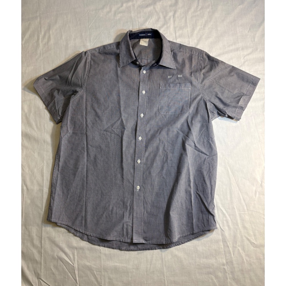 Stan Herman JetBlue Short Sleeve Button Up Shirt‎ Mens Blue Gingham Check Casual